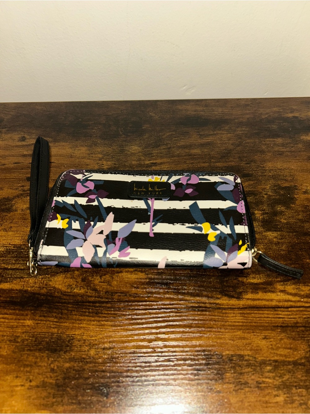 Nicole Miller Black & White Striped Floral Wristlet